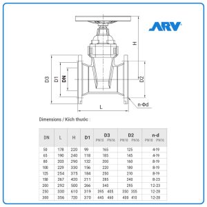 Bảng kích thước Van Cổng Ty Chìm ARV